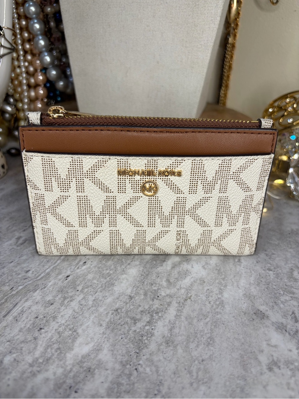 Michael Kors Slim Flap Wallet Jet Set Vanilla/Brown Monogram Leather Card Holder